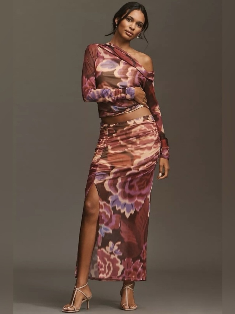 Anthropologie Purple Floral Sheer Ruched Long-Sleeve Matching Set NWT